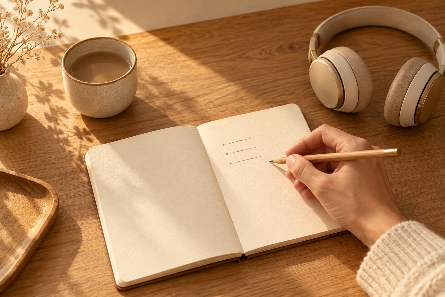A hand making a short note in a journal beside a pair of headphones.